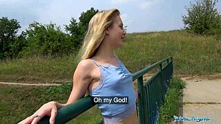 horny blonde's tight pussy pounded for cash deep in forest