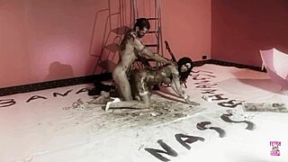 Naughty Oiled Brunette Fucks Doggy Style After Licking And Riding In Heels!