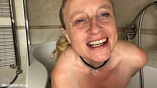 horny wife spreads pussy lips with toys in steamy bath
