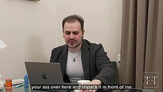 Teasing tight teen secretary slut begs boss for career-boosting cum on ass