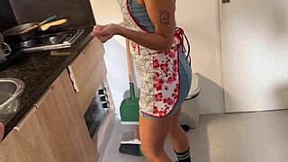 Tanned Latina Maid Ditches Cleaning for Big Cock Doggystyle and Cum Swallow!