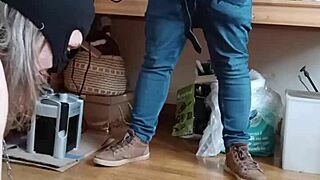 slave delivers sloppy fellatio in complete humiliating submission