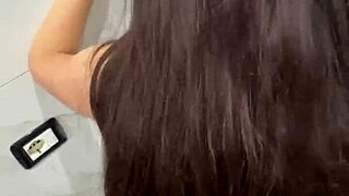 Brunette girlfriend bends over bathroom sink for quick creampie doggystyle party fuck