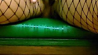 beruka squirts from fingering shaved pussy in fishnets