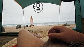 Oh damn my shorts slipped open chatting with beach stranger in clear tent