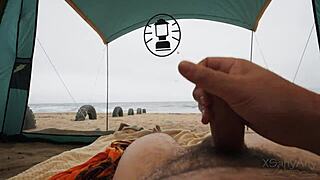 Oh damn my shorts slipped open chatting with beach stranger in clear tent