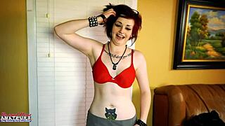 Inked cutie marcie's lingerie dildo ride squirts her horny shaved twat wildly