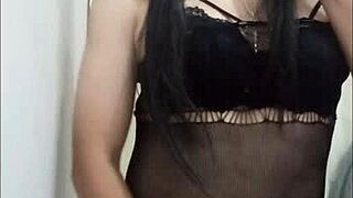 sexy colombian shemale plugs ass in pantyhose then masturbates explosively