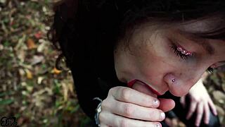 pregnant lipstick babe handjobs cock deep in forest