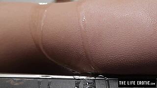 skinny teen fingers oiled pussy to hard orgasm