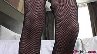 Ladyboy tugs and toys her hard cock to massive cumshot glamour