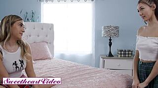 Hey classmates wanna take turns licking our trimmed pussies on the bed?