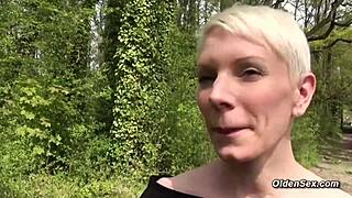 mature milf in stockings begs for young cock in forest