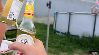 crazy poolside gangbang with rough double penetration creampie and ripped lingerie