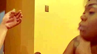 Ebony babe sucks sloppy big black cock before missionary cum on ass