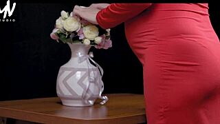 heart pounding as pregnant wife loreen red cheats in red dress stockings with vali savage