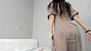 milf hides juicy hairy pussy under dress before stripping bare