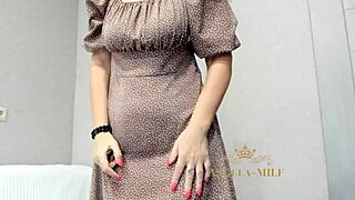 milf hides juicy hairy pussy under dress before stripping bare