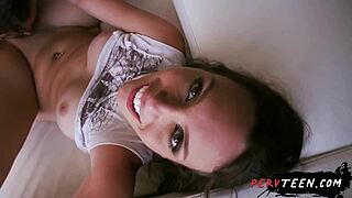 Horny skinny 18yo teen with shaved pussy takes explosive facial cumshot