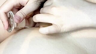 Glass dildo rides deep in tight juicy pussy coaster