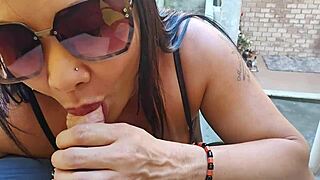 Milf seduces young stud poolside