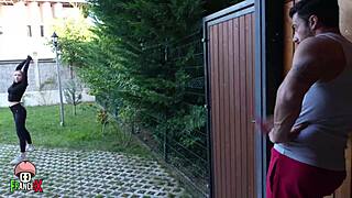 Caught yoga slut rides cock in risky garden quickie