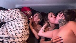 Uber Driver Joins Tanned Lesbian Couple for Wild Car Pussy Licking Orgy