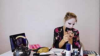 sfw geisha cosplay with sexy blonde applying traditional roleplay makeup