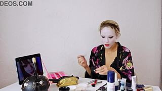 sfw geisha cosplay with sexy blonde applying traditional roleplay makeup