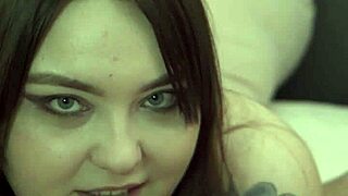 Cum leaks from pussy as strap-on pounds him in chastity blowjob