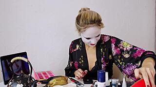 sfw geisha cosplay with sexy blonde applying traditional roleplay makeup