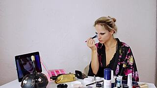 sfw geisha cosplay with sexy blonde applying traditional roleplay makeup