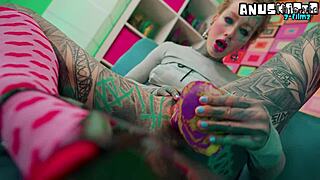 skinny tattoo girl anal solo with dildos in tiny butthole