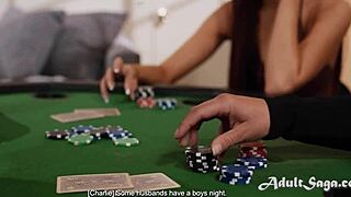 Husband Sleeps as Housewife's Poker Turns to Wet Pussy Licking