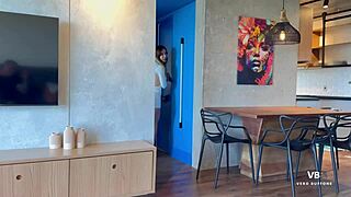 Latina fitness babe with big ass catches guy sniffing panties and rides him hard barefoot