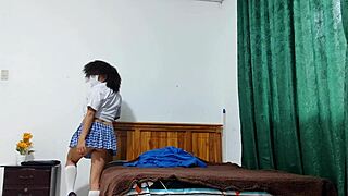 Busty mature flashes tits in student uniform