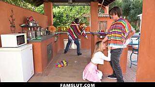 Petite blonde blows huge cock behind closed doors