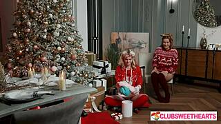 Two Hot Babes Lick Shaved Pussies in Christmas Fun!