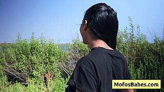 sexy ebony teen rubs wet shaved clit and flashes huge natural tits in car