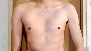 Skinny solo dude strokes his massive cock hard