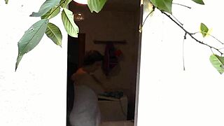 neighbor watches milf wife's intense outdoor naked shower handjob