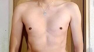 Skinny solo dude strokes his massive cock hard