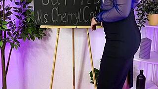 curvy teacher in stockings spanks with see-through lingerie and buttplug