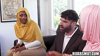 Hijab babe gets fucked hard while busty woman grips and watches close