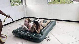 After hot creampie fuck he showers us in steamy interracial bliss