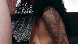 tattooed brazilian babe sucks cock in bikini and heels