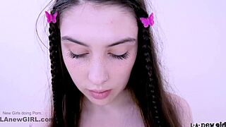 freckled long-haired braces babe moans as tight pussy takes huge cock pounding