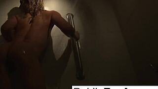 sexy blonde dahlia strips teases and fingers her wet pussy in steamy shower