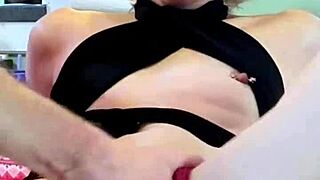 Horny wife's swollen shaved pussy fisted hard on kitchen counter