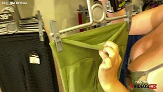 This latina saleswoman flirts wildly in crowded store pov